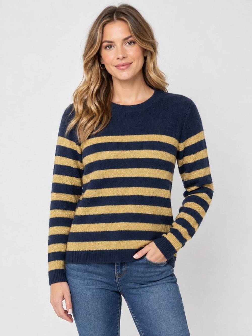 Vince Camuto Womens Striped Sweater Size M Navy Blue Gold Crewneck Knit